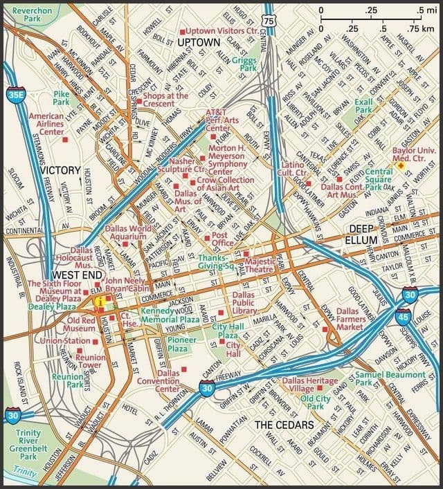 Mapa do centro da cidade de Dallas
