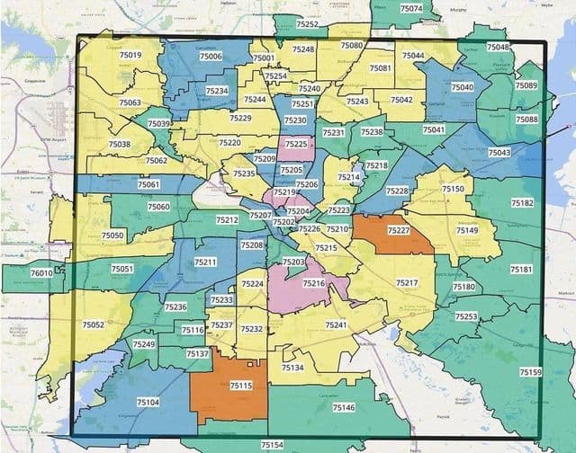 Mapa de códigos postais de Dallas